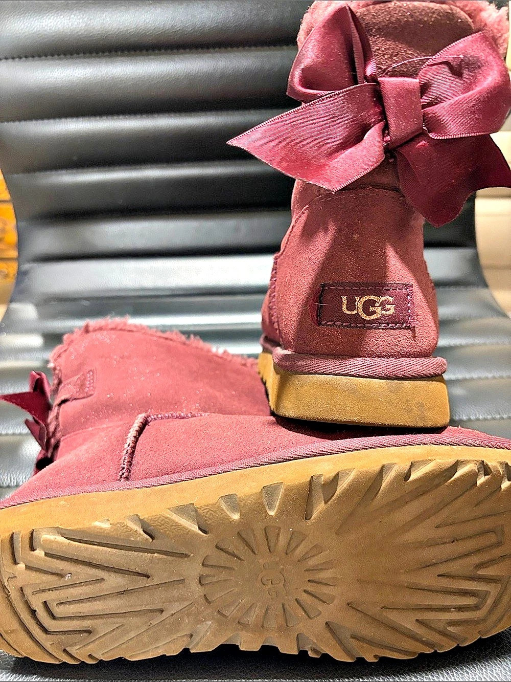 UGG Bailey Bow II Shimmer Boots - Burgundy- Size 7